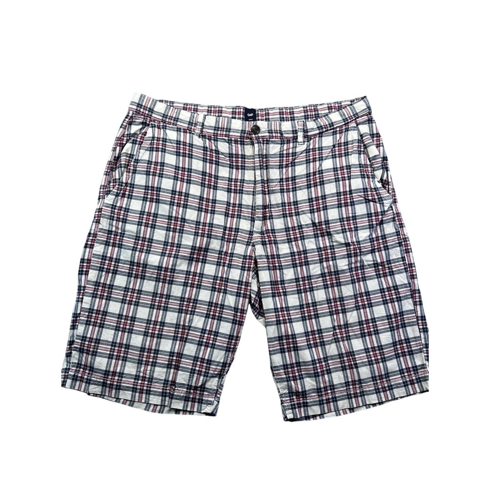 Gap Shorts Plaid Flat Front Cotton Bermuda 10" Long Chino Mens 38 Red White Blue